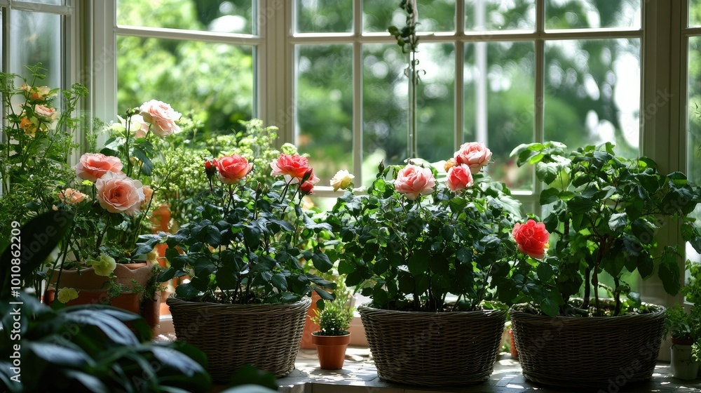 Indoor garden featuring roses and green plants in stylish wicker baskets. The large windows allow ample light, nurturing the plantsaegrowth. Indoor garden featuring roses and green plants in stylish wicker baskets. The large windows allow ample light, nurturing the plantsaegrowth.