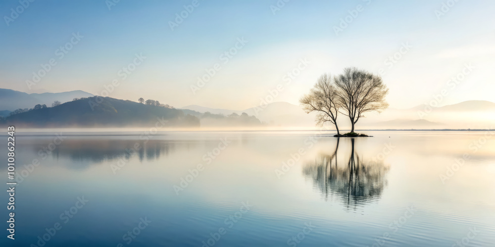 serene landscape featuring solitary tree on island, reflecting beautifully in calm waters. soft morning light creates tranquil atmosphere, surrounded by misty mountains serene landscape featuring solitary tree on island, reflecting beautifully in calm waters. soft morning light creates tranquil atmosphere, surrounded by misty mountains