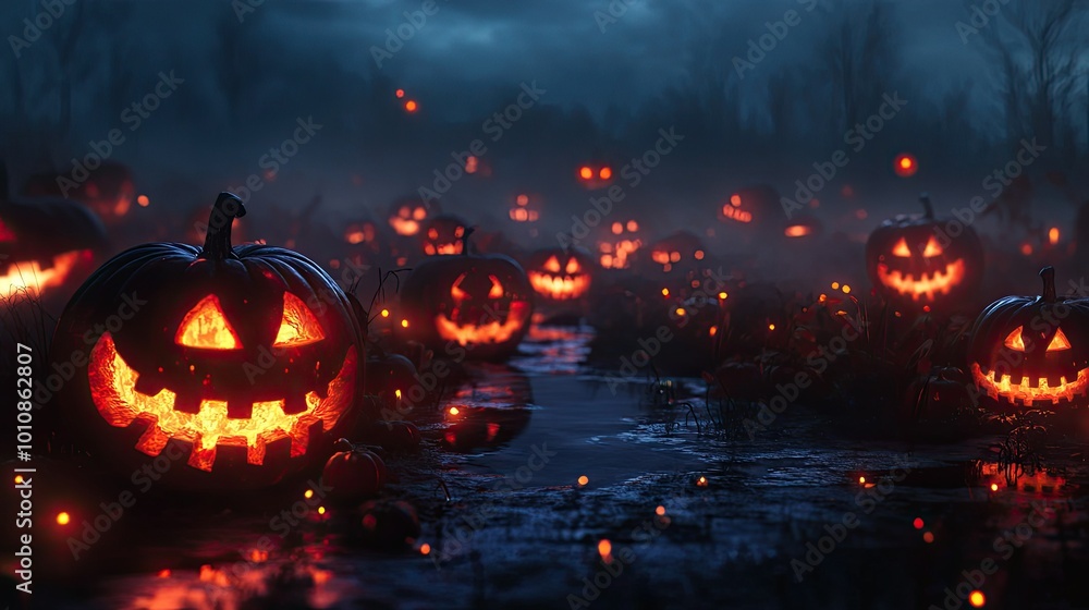 Jack-o'-lanterns glowing eerily in a dense foggy night, casting haunting light and creating a spooky Halloween horror atmosphere. Jack-o'-lanterns glowing eerily in a dense foggy night, casting haunting light and creating a spooky Halloween horror atmosphere.