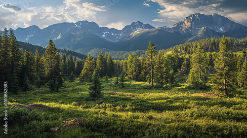 A serene landscape of lush green fields and majestic mountains during golden hour