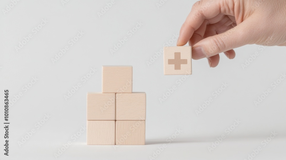 2410_047.wooden block tower with health symbols, hand adding plus sign cube, clean white backdrop, healthcare pictograms, neutral tones, conceptual medical image 2410_047.wooden block tower with health symbols, hand adding plus sign cube, clean white backdrop, healthcare pictograms, neutral tones, conceptual medical image