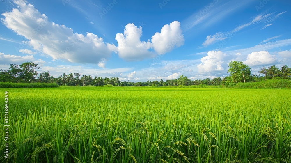 Lush green rice field under a bright blue sky, white clouds floating overhead, framed against a clean white background. Peaceful nature scene 942a-5fdbc59313c0 Lush green rice field under a bright blue sky, white clouds floating overhead, framed against a clean white background. Peaceful nature scene 942a-5fdbc59313c0