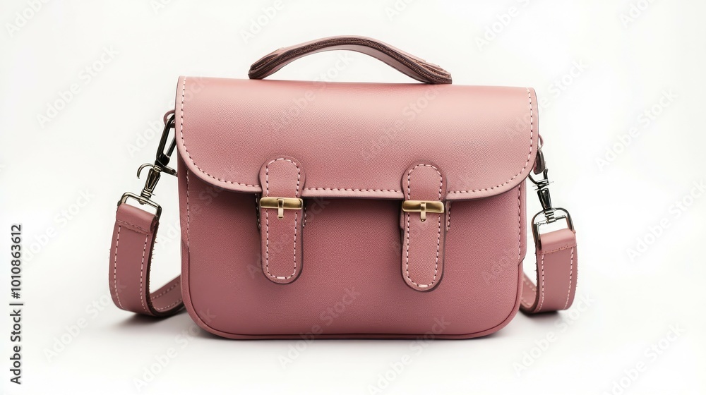 Pink leather satchel bag with adjustable strap and buckle closures on a white background. Pink leather satchel bag with adjustable strap and buckle closures on a white background.