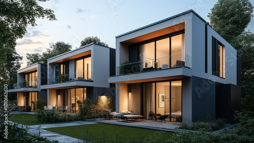 Modern Minimalist Exterior of Townhouses with Large Windows, Surrounded by Nature