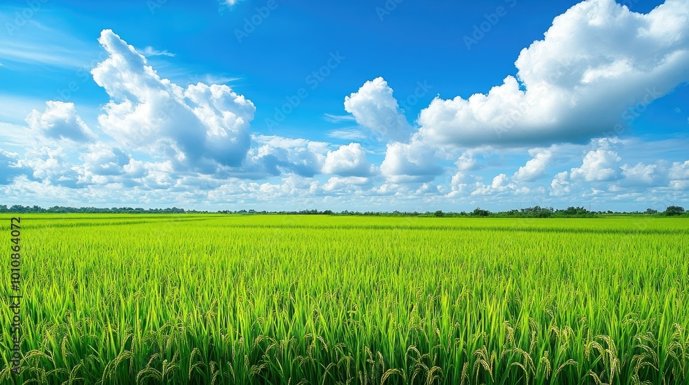 Landscape of vibrant rice field with green grass under a sky filled with white clouds on a crisp white background, perfect for farm scenery Landscape of vibrant rice field with green grass under a sky filled with white clouds on a crisp white background, perfect for farm scenery