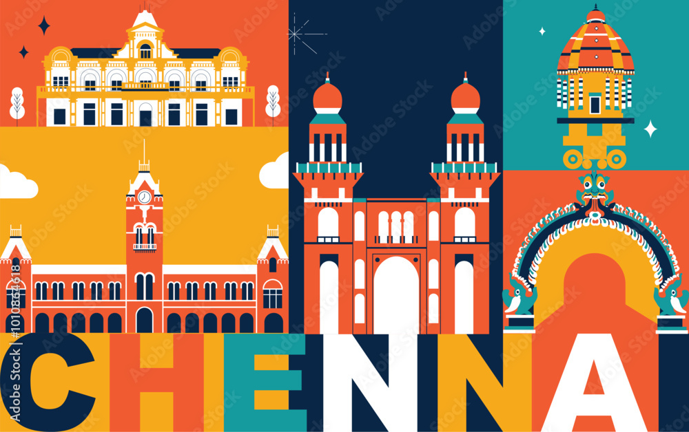 Φωτογραφία Chennai culture travel set, Indian famous architectures and specialties in flat design