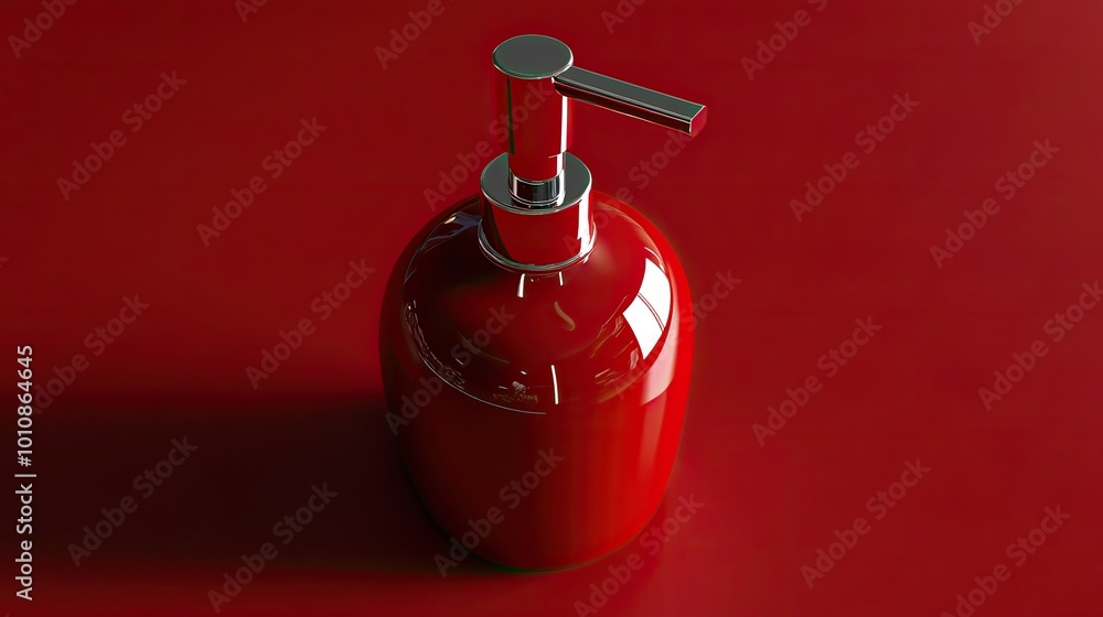 Red ceramic soap dispenser with a silver pump on a red background. Red ceramic soap dispenser with a silver pump on a red background.
