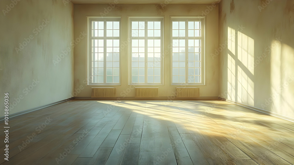 Fototapeta premium Empty Room with Sunlight Shining Through Windows - 3D Illustration