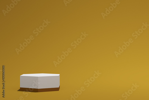 3d render of hexagonal podium product mock up on yellow background. Set 11