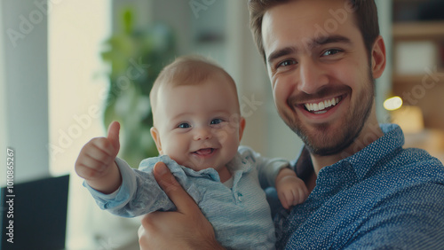 White father and baby, copy space, smiling and giving a thumbs up photo