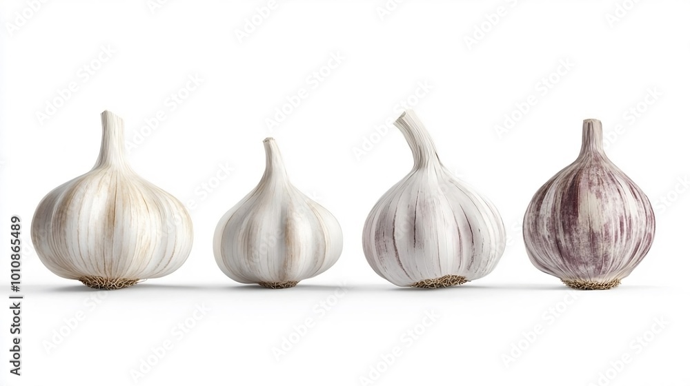 Obraz premium Several cloves of garlic in mid-fall, captured in various orientations, isolated against a pristine white background.