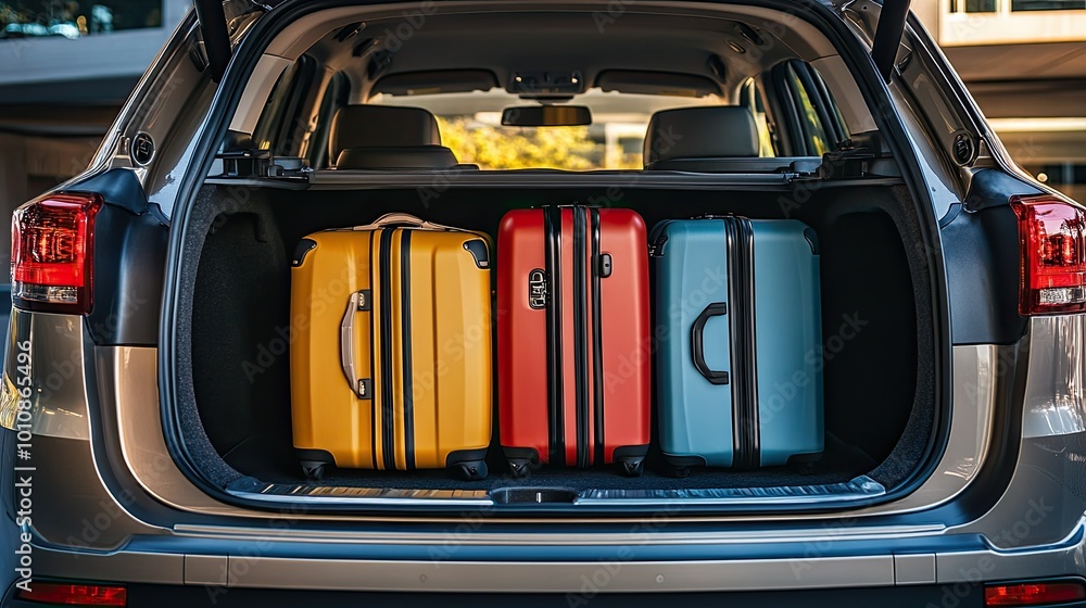 Open view of a large car trunk with suitcases neatly packed inside, highlighting the spacious capacity ideal for long journeys and travel adventures. Open view of a large car trunk with suitcases neatly packed inside, highlighting the spacious capacity ideal for long journeys and travel adventures.