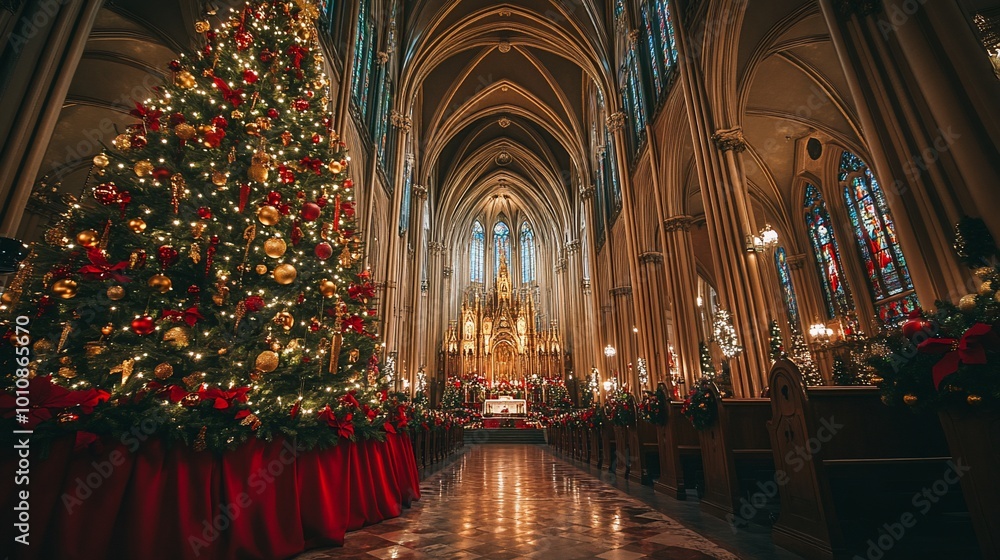 A beautifully decorated Christmas tree stands tall in the nave of a grand cathedral, its twinkling lights casting a warm glow across the pews and stained-glass windows. A beautifully decorated Christmas tree stands tall in the nave of a grand cathedral, its twinkling lights casting a warm glow across the pews and stained-glass windows.