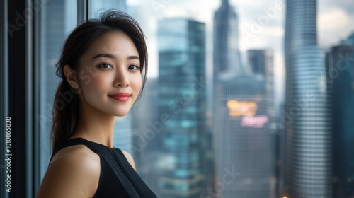 Young Woman in Urban Skyline Setting