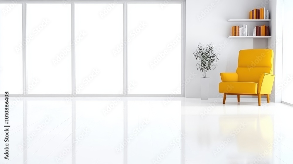 Fototapeta premium A bright, minimalist living space with a yellow chair, shelves, and potted plant.