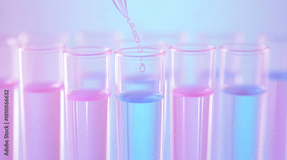 2410_097.closeup of laboratory glassware, array of test tubes, vibrant multicolored liquids, single droplet suspended from dropper tip, iridescent reflections, bokeh effect, pastel gradient 2410_097.closeup of laboratory glassware, array of test tubes, vibrant multicolored liquids, single droplet suspended from dropper tip, iridescent reflections, bokeh effect, pastel gradient