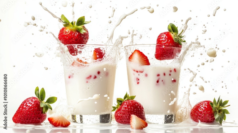 A juicy strawberry splashes into a glass of milk, creating a fun and colorful scene against a white background. A juicy strawberry splashes into a glass of milk, creating a fun and colorful scene against a white background.