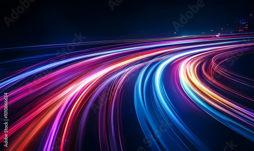 High-speed light trails effect. Futuristic dynamic motion technology. Neon color glowing lines background
