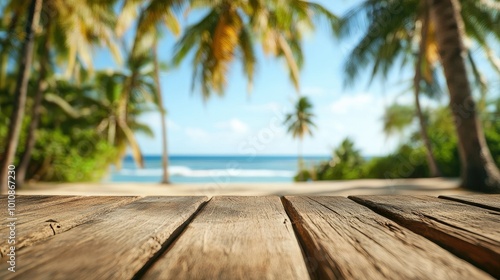Rustic wooden table surface with a tropical beach blurred in the background, showcasing tall coconut palms and a bright blue sky for a summer vibe.