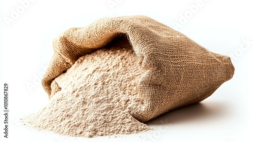 Wheat flour in burlap sack bag isolate on white background