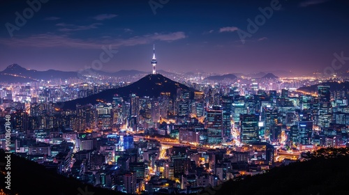 Seoul city at night with skyscrapers lighting up the sky, Namsan Mountain crowned by its iconic tower, and Bukhansanaes peaks visible in the far distance.