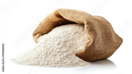 Wheat flour in burlap sack bag isolate on white background