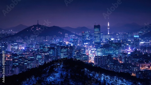 Seoulaes night skyline with its illuminated skyscrapers, Namsan Tower glowing atop Namsan Mountain, and the majestic Bukhansan mountain range creating a breathtaking backdrop.