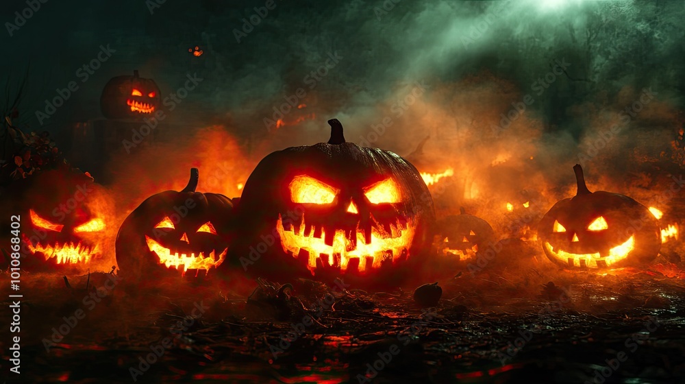 Sinister jack-o'-lanterns glowing brightly in the dark fog, with eerie mist swirling around for a Halloween horror scene. Sinister jack-o'-lanterns glowing brightly in the dark fog, with eerie mist swirling around for a Halloween horror scene.