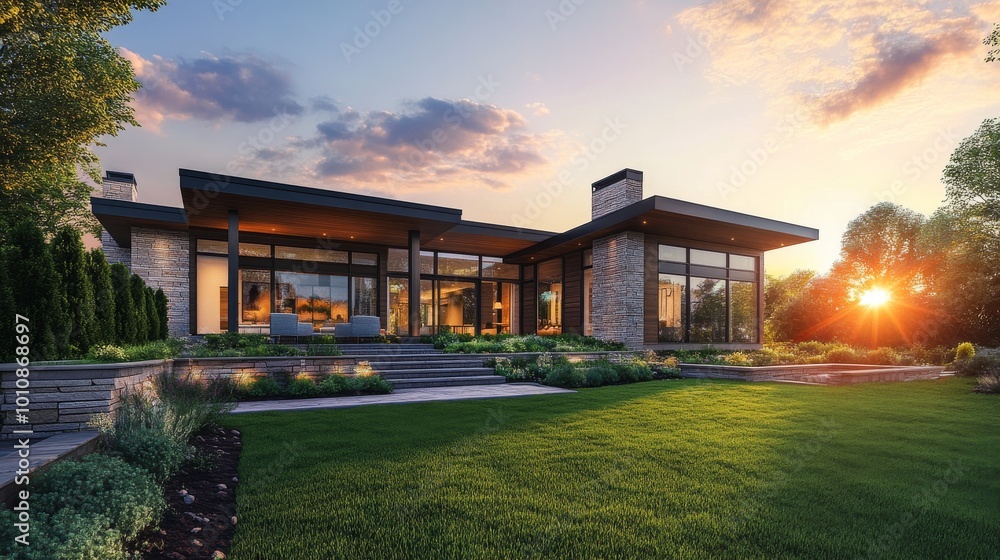A modern house with a beautiful sunset in the background. It has a green lawn, brick and stone walls, and carefully designed gardens. The house looks warm and welcoming. A modern house with a beautiful sunset in the background. It has a green lawn, brick and stone walls, and carefully designed gardens. The house looks warm and welcoming.