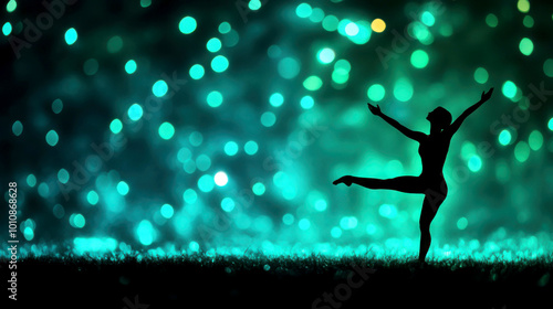 Silhouette of a dancer against a vibrant, colorful bokeh background.