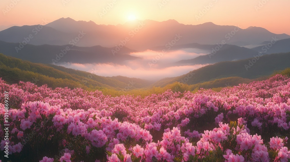 Spring sunrise over Hwangmaesan Mountain, with a field of pink azalea flowers in full bloom and misty mountain ranges in the background, creating a serene and magical scene. Spring sunrise over Hwangmaesan Mountain, with a field of pink azalea flowers in full bloom and misty mountain ranges in the background, creating a serene and magical scene.