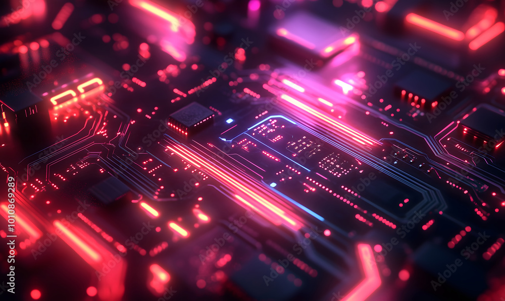 Close-up image depicts a futuristic circuit board with glowing data lines and digital interfaces, representing technology and innovation, AI chip. Neon light, Close-up image depicts a futuristic circuit board with glowing data lines and digital interfaces, representing technology and innovation, AI chip. Neon light,