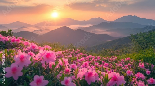 Spring sunrise over Hwangmaesan Mountain, with a field of pink azalea flowers in full bloom and misty mountain ranges in the background, creating a serene and magical scene.