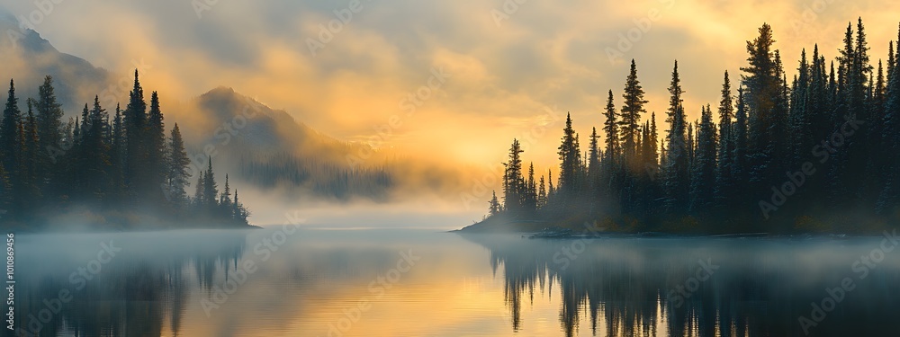 Fototapeta premium A serene lake surrounded by tall pine trees, reflecting the golden light of sunrise with mist rising from its surface