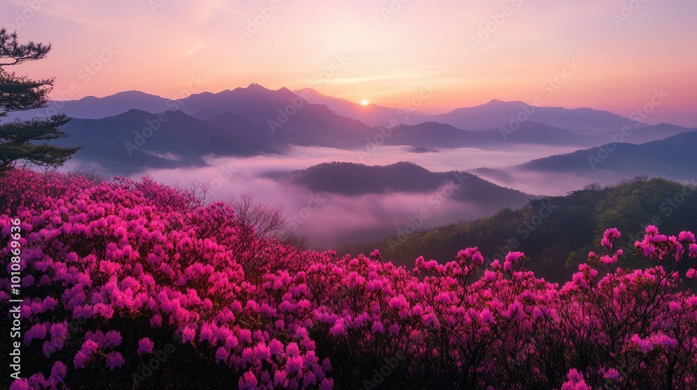 Φωτογραφία Stunning spring view of Hwangmaesan Mountain covered in pink azaleas at sunrise, with mist rolling over the nearby mountain range near Hapcheon-gun, South Korea