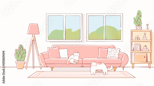 Pink living room with cat