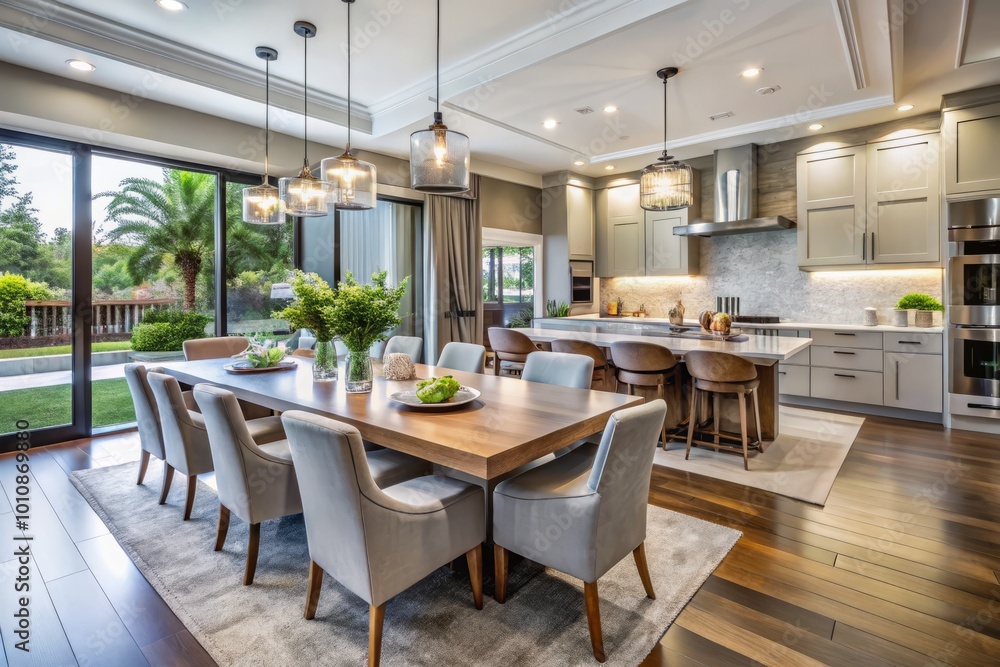 A breathtaking modern kitchen and dining area in a luxurious home, showcasing elegant decor and designs for the A breathtaking modern kitchen and dining area in a luxurious home, showcasing elegant decor and designs for the