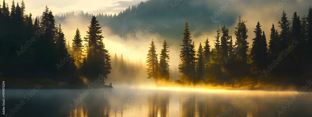 A serene lake surrounded by tall pine trees, reflecting the golden light of sunrise with mist rising from its surface A serene lake surrounded by tall pine trees, reflecting the golden light of sunrise with mist rising from its surface