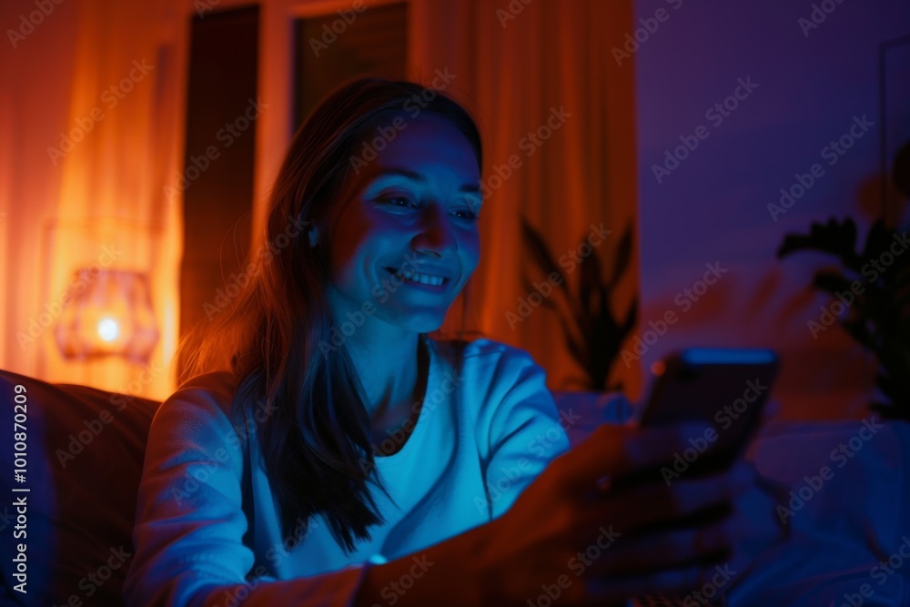 A cheerful woman dressed in casual attire enjoys a moment of leisure at home, smiling as she interacts with her smartphone, surrounded by soft, ambient lights. A cheerful woman dressed in casual attire enjoys a moment of leisure at home, smiling as she interacts with her smartphone, surrounded by soft, ambient lights.