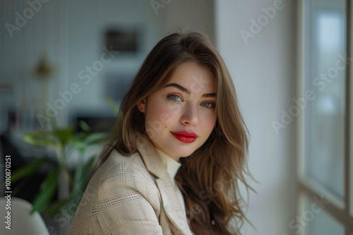 Natural light portrait of a confident woman in a professional setting with a calm expression       