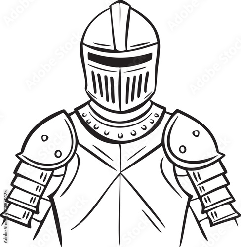 Vector drawing of a knight in armor. Black valor badge on a white background.
