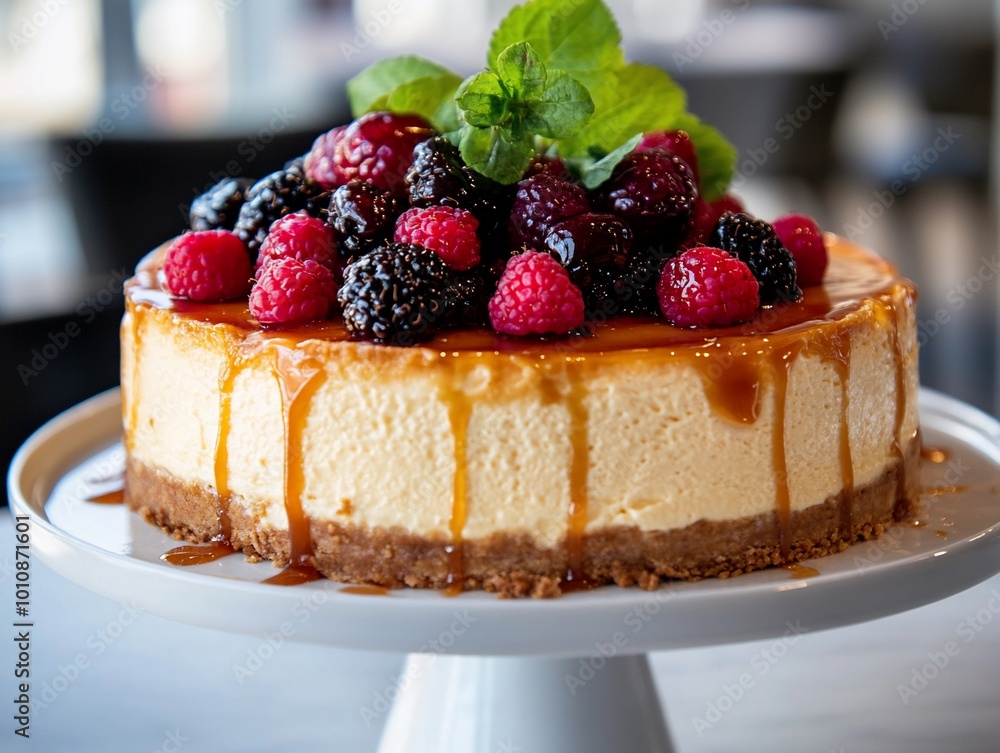 A creamy cheesecake with a graham cracker crust, topped with a caramel sauce and fresh berries. A creamy cheesecake with a graham cracker crust, topped with a caramel sauce and fresh berries.