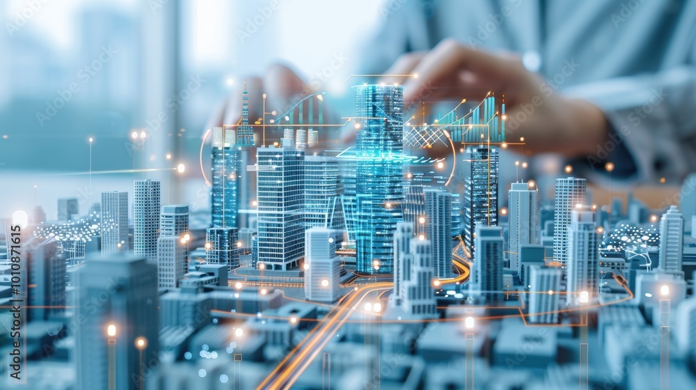 A person interacts with a digital cityscape model, illustrating advanced technology and urban development concepts.