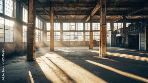 Sunlight pours through dusty windows of an empty rustic warehouse, casting long shadows across the concrete floor, highlighting exposed wooden support columns.