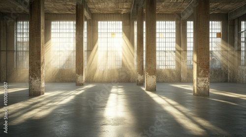 Sunlight shining through high windows casts soft  warm beams over the weathered columns and concrete floor of an empty rustic warehouse.