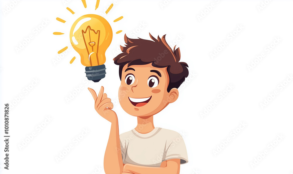 Illustration of a child with a light bulb on top representing that he has had a great idea. White background. Copy space for banner. School. Illustration of a child with a light bulb on top representing that he has had a great idea. White background. Copy space for banner. School.
