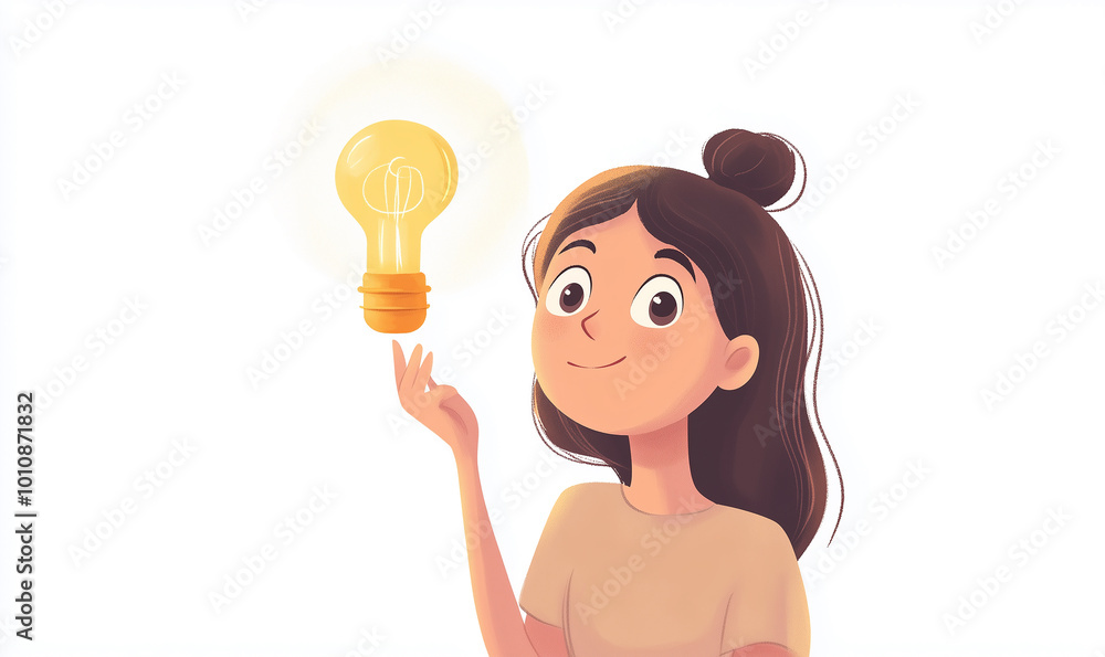 Illustration of a girl with a light bulb on top representing that he has had a great idea. White background. Copy space for banner. School. Illustration of a girl with a light bulb on top representing that he has had a great idea. White background. Copy space for banner. School.