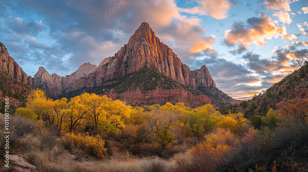 Stunning autumn scenery in Zion National Park with vibrant yellow trees against rocky mountains Stunning autumn scenery in Zion National Park with vibrant yellow trees against rocky mountains