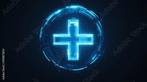 2410_211.futuristic medical cross icon, glowing neon blue, circular tech interface, dark navy background, holographic hud elements, geometric patterns, digital health concept, high-contrast vector