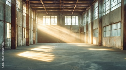 Sunlight shining through high windows casts soft, warm beams over the weathered columns and concrete floor of an empty rustic warehouse.